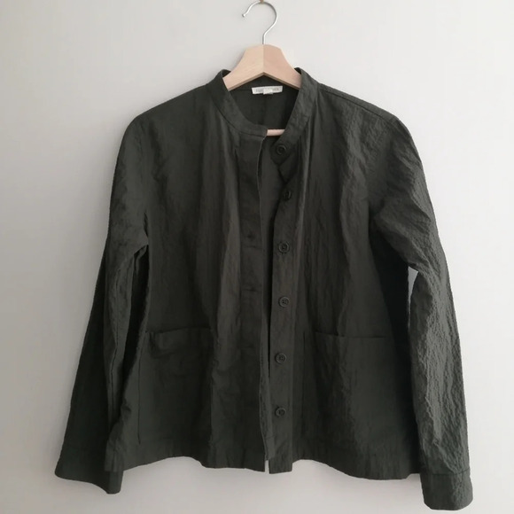 Eileen Fisher Organic Cotton Pucker Mandarin Collar Jacket Green Oversize XS - Picture 3 of 15